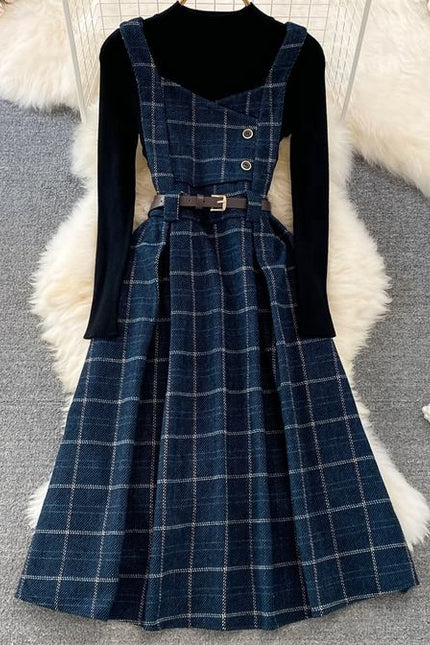 Checkered Strap Dress Autumn Winter Two Piece Set French Vintage Style Dress Stand up Neck Knit Top