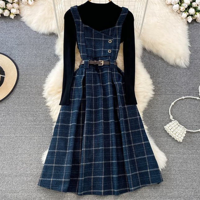 Checkered Strap Dress Autumn Winter Two Piece Set French Vintage Style Dress Stand up Neck Knit Top