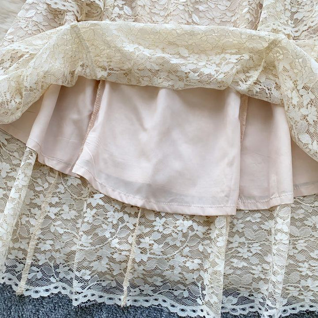 2025 Spring Advanced Sense Heavy Industry Nail Drill Three-dimensional Flower square Collar Trumpet Sleeve Hollow-out Lace Dress