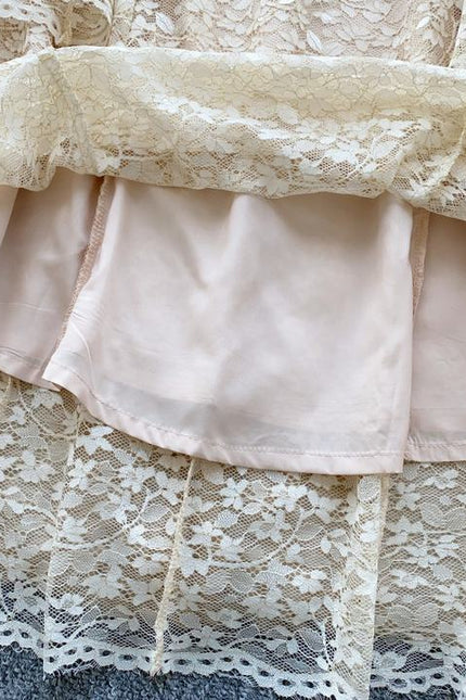 2025 Spring Advanced Sense Heavy Industry Nail Drill Three-dimensional Flower square Collar Trumpet Sleeve Hollow-out Lace Dress