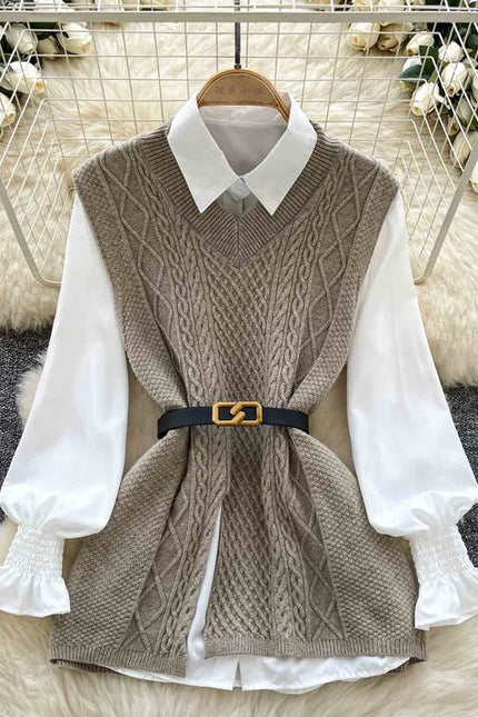 2025 Autumn Fashion ChicWaist Closing Knitting Vests Lapel White Casual Long Sleeve Shirts Female