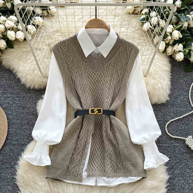 2025 Autumn Fashion ChicWaist Closing Knitting Vests Lapel White Casual Long Sleeve Shirts Female
