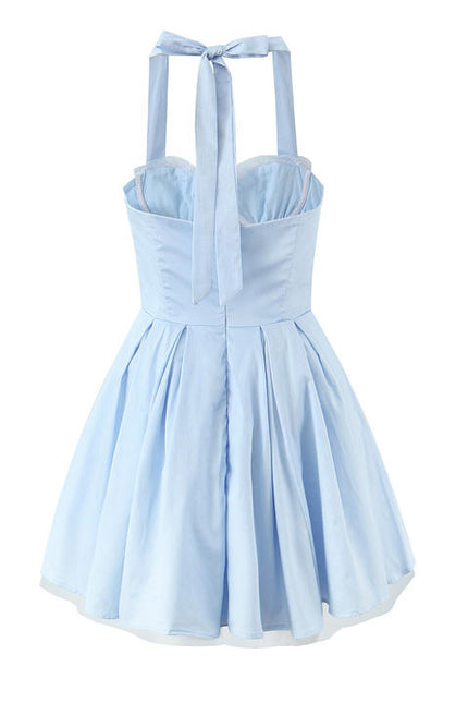 Back Hollow Out Blue Color Sleeveless Front Lace up Casual Fashion Cotton Summer Mini Halter Dress for Ladies