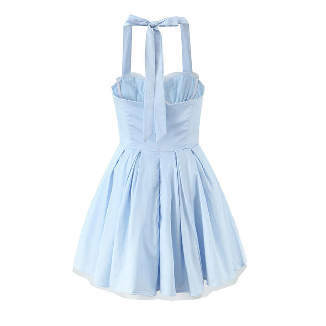 Back Hollow Out Blue Color Sleeveless Front Lace up Casual Fashion Cotton Summer Mini Halter Dress for Ladies