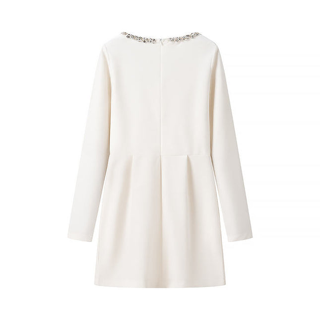 3 Colorway Solid Color square Collar with Beading Long Sleeve Zipper Fly Casual Fashion Mini Dress for Women
