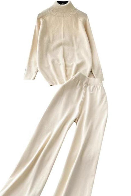 High Neck Sweater Women Versatile Autumn and Winter Lazy Style Long Sleeved Sweater High Waist Wide Leg Long Pants Two-piece Set