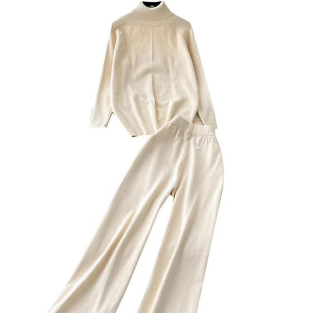 High Neck Sweater Women Versatile Autumn and Winter Lazy Style Long Sleeved Sweater High Waist Wide Leg Long Pants Two-piece Set