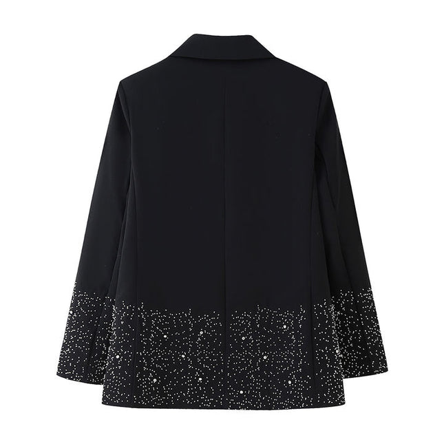 Black Color Long Sleeve Notched Collar Beading Single Button Casual Fashion blazer Jacket for Women