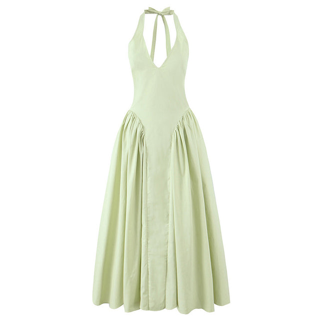 2 Colorway Solid Color Back Hollow Out Sleeveless Casual Fashion Cotton Halter Dress for Women