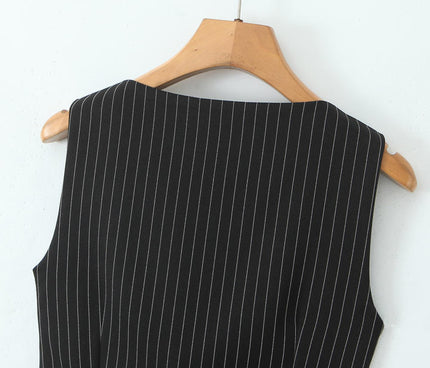 Square Collar Black Color Striped Print Front Lace up Casual Fashion tank Top for Women