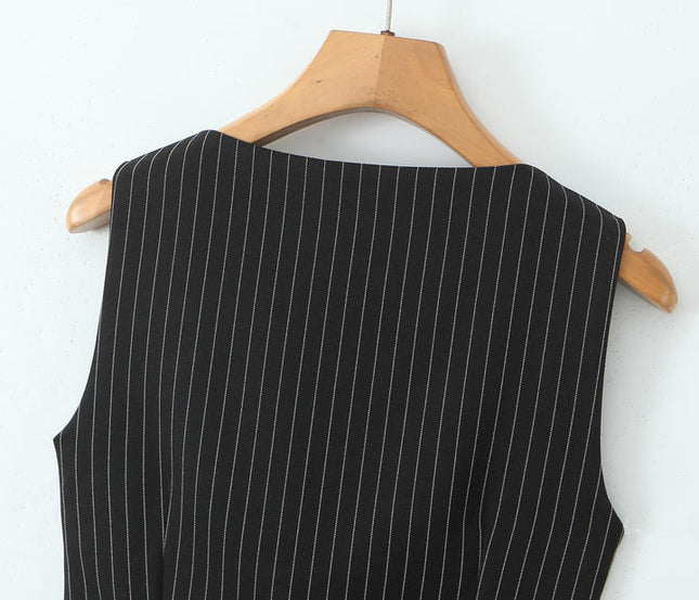 Square Collar Black Color Striped Print Front Lace up Casual Fashion tank Top for Women
