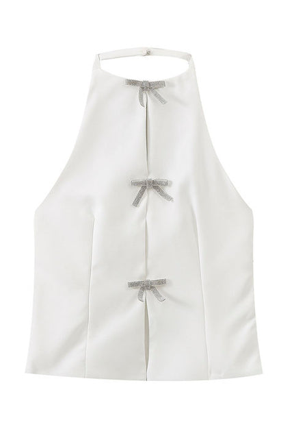 White Color Front Bow Tie With Beading Back Hollow Out Casual Fashion tank Top for Women