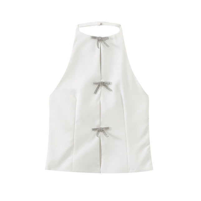 White Color Front Bow Tie With Beading Back Hollow Out Casual Fashion tank Top for Women