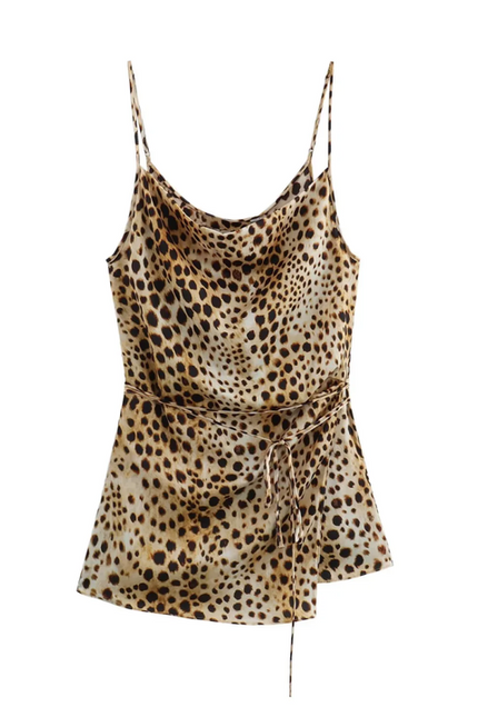 Animal Print Multi Color Side Slit Sashes Spaghetti Strap Casual Fashion Tops Blouses for Women