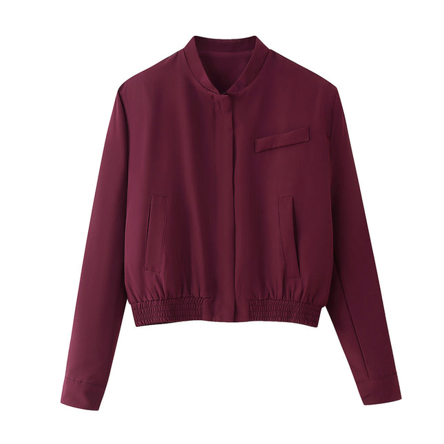 V Neck Red Color Long Sleeve Zipper Fly Hot Sale Casual Fashion Jacket for Women
