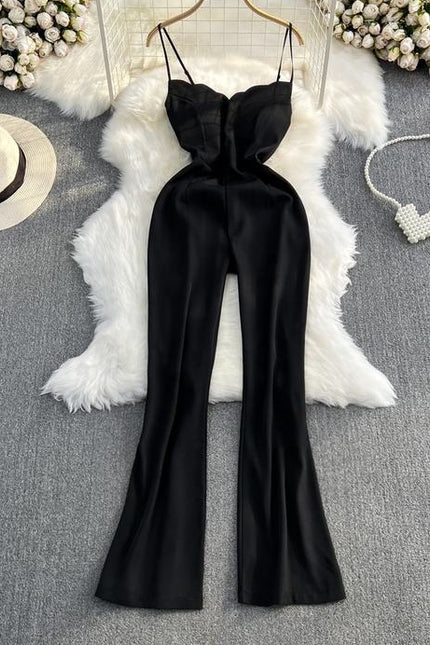 2025 V-neck Casual High Waist Slimming Jumpsuit Loose Flared Wide Leg Long Pants