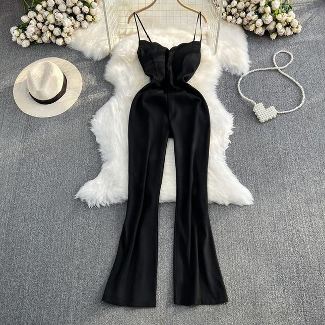 2025 V-neck Casual High Waist Slimming Jumpsuit Loose Flared Wide Leg Long Pants