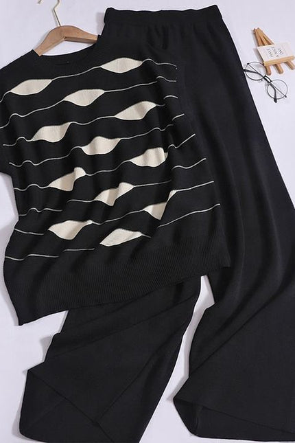 Fashion Set Women's Sleeveless Standing Neck Slim Fit Striped Knitwear Top Two Piece Casual High Waist Wide Leg Pants