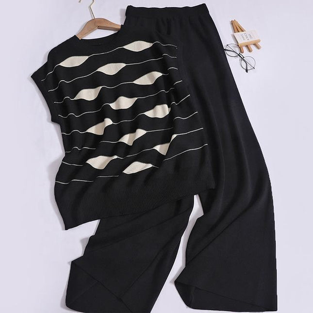 Fashion Set Women's Sleeveless Standing Neck Slim Fit Striped Knitwear Top Two Piece Casual High Waist Wide Leg Pants