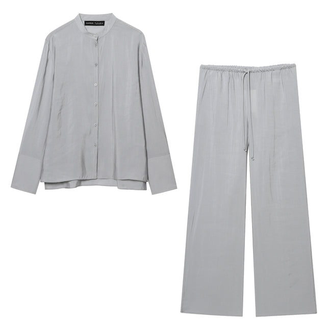 Crew Neck Buttons up Long Sleeve Gray Color Casual Fashion Tops Blouse for Women