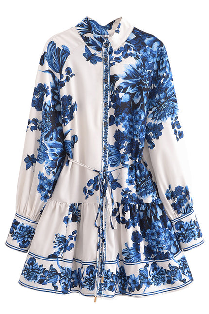 Turn Down Collar Floral Print Beige Blue Color Sashes Casual Fashion Mini Dress for Women