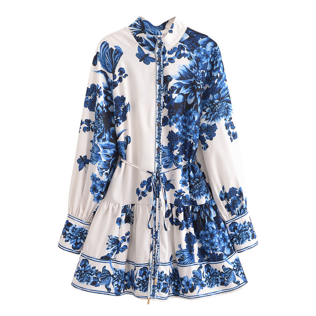 Turn Down Collar Floral Print Beige Blue Color Sashes Casual Fashion Mini Dress for Women