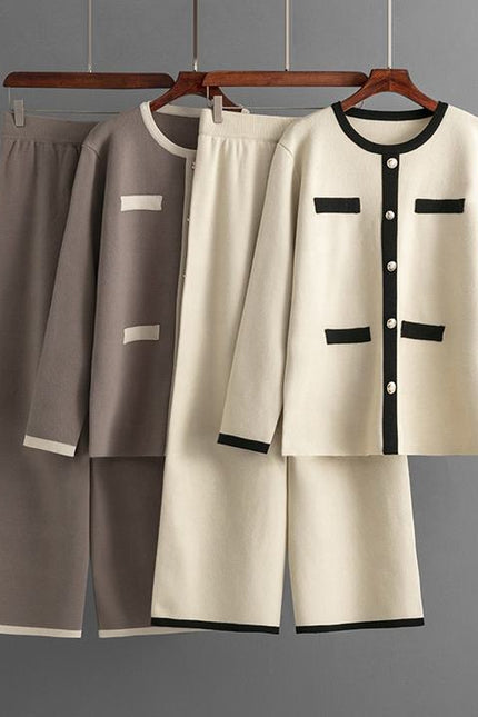 Wholesale Spring Round Neck Button Contrast Color Long Sleeve Top High Waist Wide Leg Knitted Trousers Women's Set