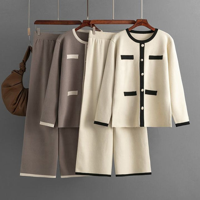 Wholesale Spring Round Neck Button Contrast Color Long Sleeve Top High Waist Wide Leg Knitted Trousers Women's Set