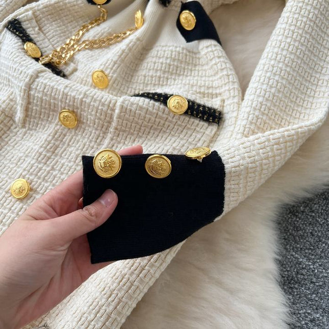 Autumn Winter Knitted Dress Waist Temperament Contrast Color Patchwork Sweater Dress