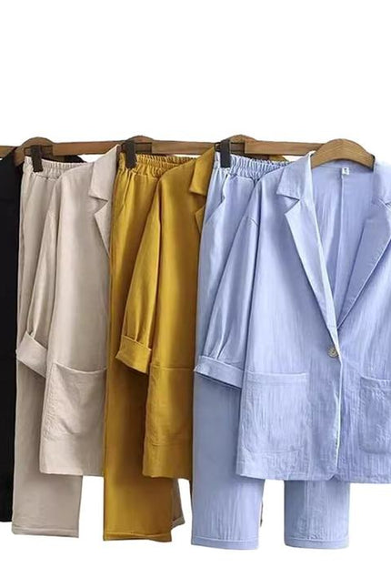 Ladies Cotton Linen 2 Piece Suit Jacket Pants Autumn Loose Fashion Casual Suit Top Set