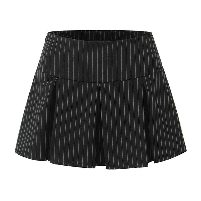 Striped Print Black Color Zipper Fly Casual Fashion Mini Pleated Skirt for Women