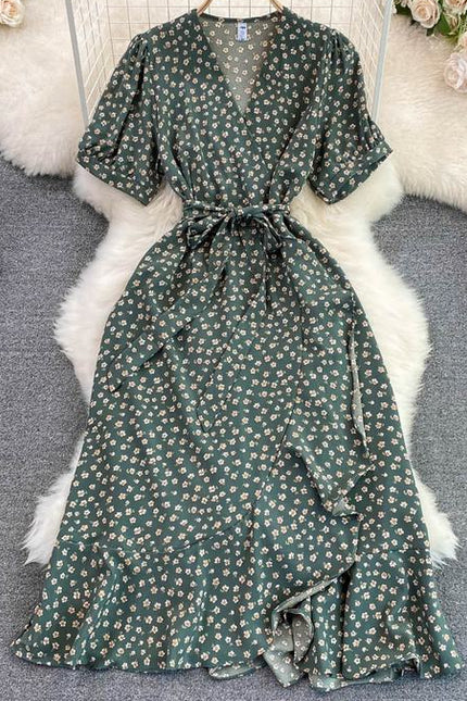 Fashion Small Fresh V-Neck Bubble Short Sleeve Waist Shrink Slimming A-Line Flounce Floral Dress