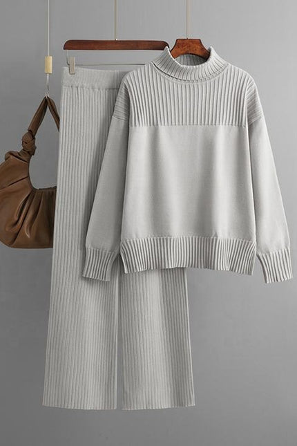 Loose Long Sleeve High Neck Top Wide Leg Pants Ladies Clothing Two Piece Knit Sweater Set