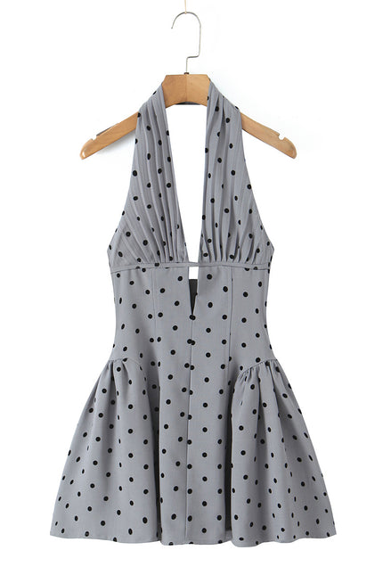 Back Hollow Out Gray Color Polka Dot Print Casual Fashion Summer Mini Halter Dress for Women