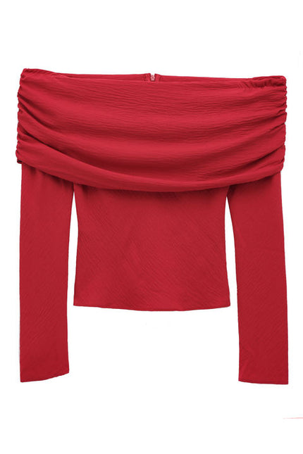 Slash Neck Long Sleeve Red Color Pleated Back Zipper Fly Casual Fashion Tops Shirts for Women