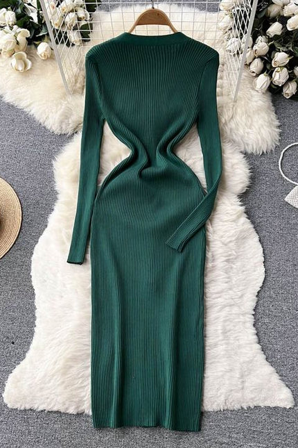 Autumn Winter V-Neck Long Sleeve Knitted Tight Fitting Slim Fit Women Clothes Casual Dress
