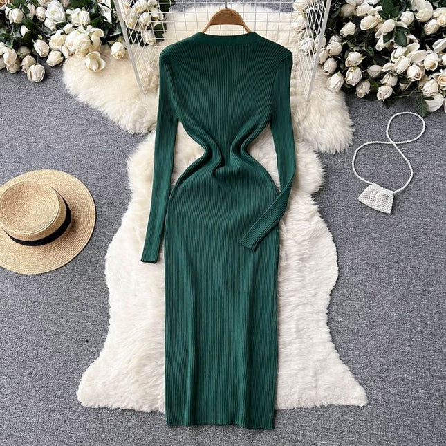 Autumn Winter V-Neck Long Sleeve Knitted Tight Fitting Slim Fit Women Clothes Casual Dress