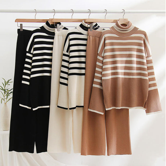 2023 Winter Custom Logo Turtleneck Striped Knitted Top Pullover Knitted Trousers 2 Piece Suit Women's Sweater