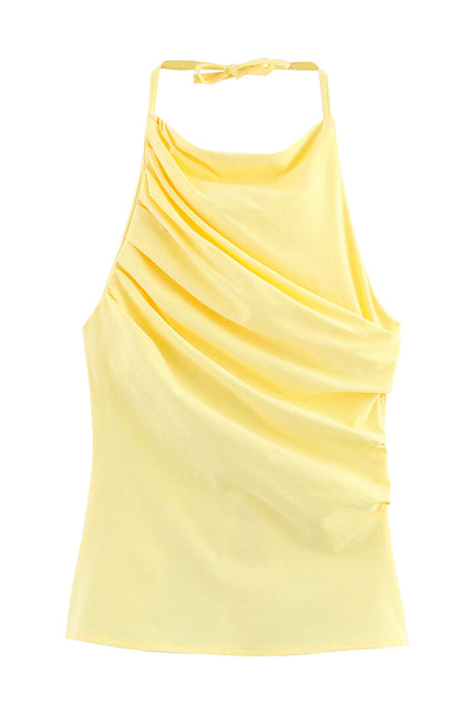 Back Hollow Out Lace up Yellow Color Pleated Casual Fashion Women's Halter tank Tops