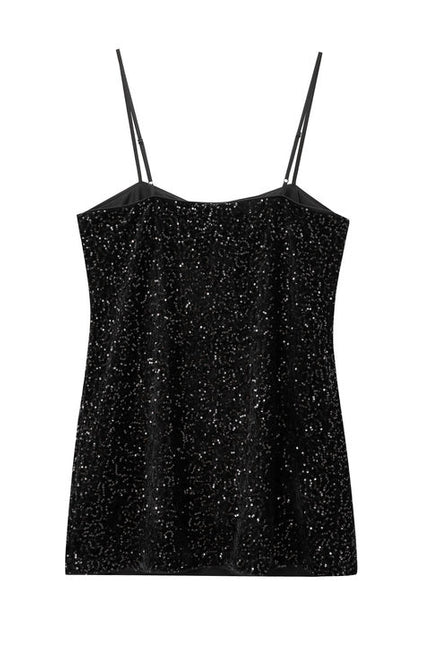 Black Color Front Bow Tie Sequin Spaghetti Strap Casual Fashion Mini Dress for Ladies