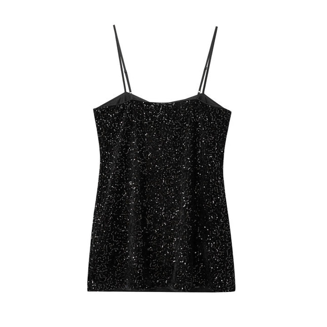 Black Color Front Bow Tie Sequin Spaghetti Strap Casual Fashion Mini Dress for Ladies