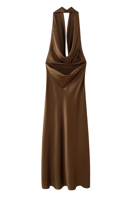 Back Hollow Out Brown Color Sleeveless Hot Sale Casual Fashion Maxi Halter Dress for Ladies