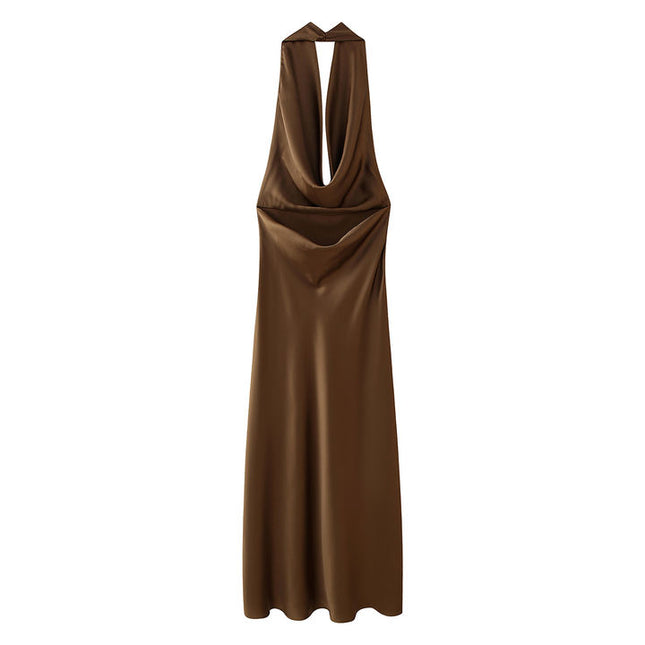 Back Hollow Out Brown Color Sleeveless Hot Sale Casual Fashion Maxi Halter Dress for Ladies