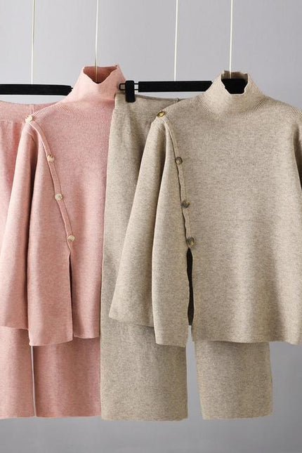 Design Sense Niche Stand Neck Split Knit Turtleneck Women's Winter Thermal Age Reduction Casual Wide Leg Pants Two Pieces