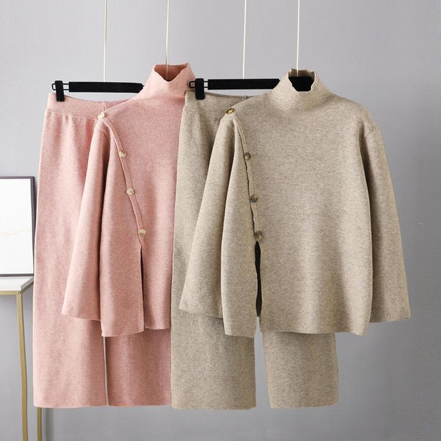 Design Sense Niche Stand Neck Split Knit Turtleneck Women's Winter Thermal Age Reduction Casual Wide Leg Pants Two Pieces