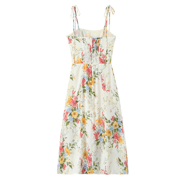Floral Print Shoulder Strap White Color Hot Sale Casual Fashion Summer Long slip Dress for Women