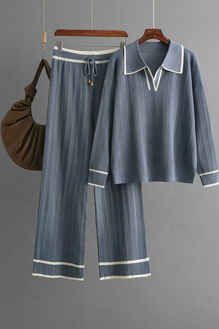 Women Two Piece Set Fashion Casual Loose Suit Polo Neck Tops+high Waist Pant Set