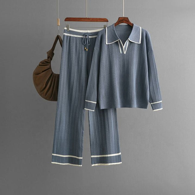 Women Two Piece Set Fashion Casual Loose Suit Polo Neck Tops+high Waist Pant Set