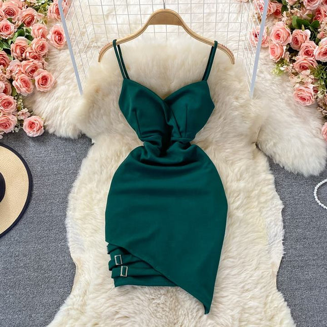 New Summer Sleeveless V-Neck Spaghetti Strap Sheath French Halter Backless Asymmetric Dresses for Women