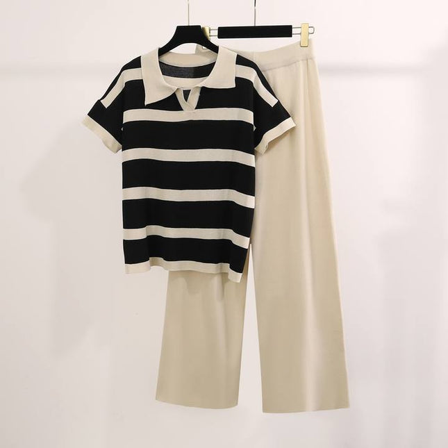New Summer Colored Casual Fashion Knitted Top Loose Wide Leg Pants Knitted Set